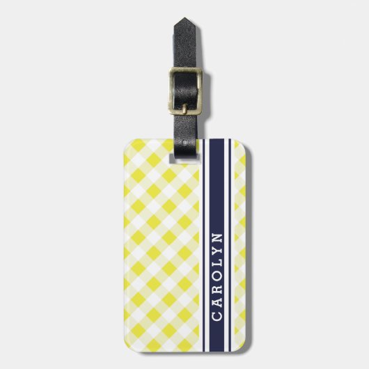 chic preppy yellow navy gingham patroon monogram bagagelabel (Voorkant verticaal)