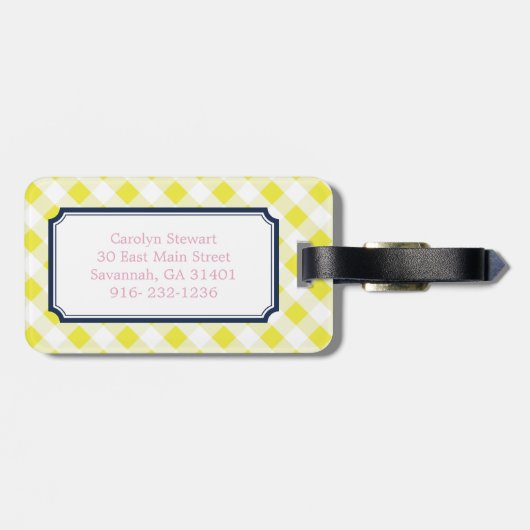 chic preppy yellow navy gingham patroon monogram bagagelabel (Achterkant horizontaal)