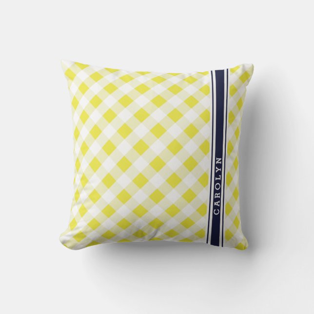 chic preppy yellow navy gingham patroon monogram kussen (Voorkant)