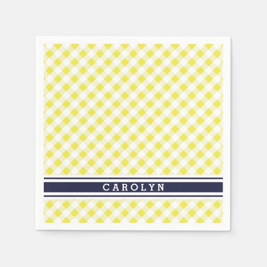 chic preppy yellow navy gingham patroon monogram servet (Voorkant)