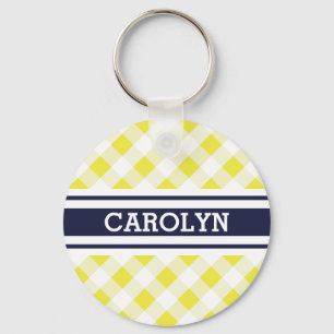 chic preppy yellow navy gingham patroon monogram sleutelhanger