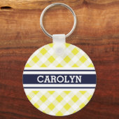 chic preppy yellow navy gingham patroon monogram sleutelhanger (Voorkant)