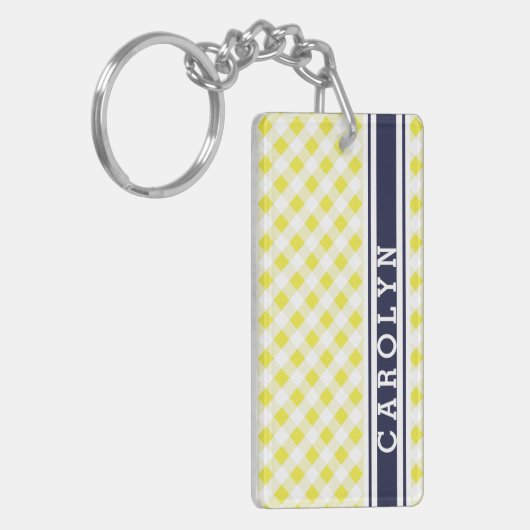 chic preppy yellow navy gingham patroon monogram sleutelhanger (Voorkant Links)