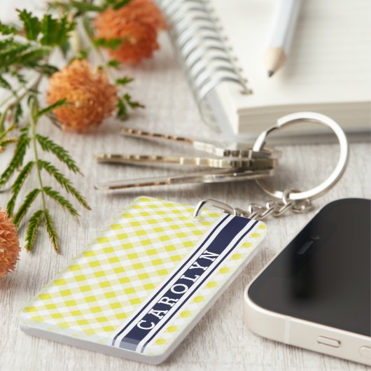 chic preppy yellow navy gingham patroon monogram sleutelhanger (Voorkant Rechts)