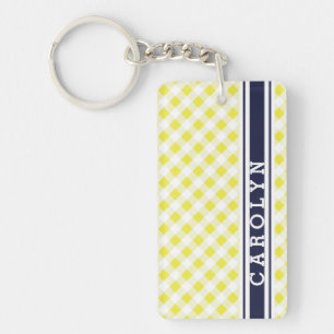 chic preppy yellow navy gingham patroon monogram sleutelhanger