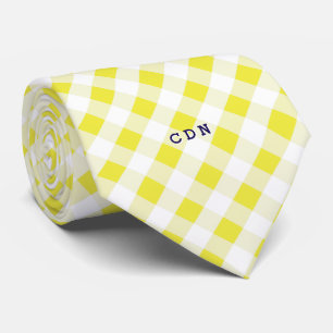 chic preppy yellow navy gingham patroon monogram stropdas