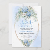 Chic Printable Blue Floral Gold Sweet 16 Birthday Kaart (Voorkant)