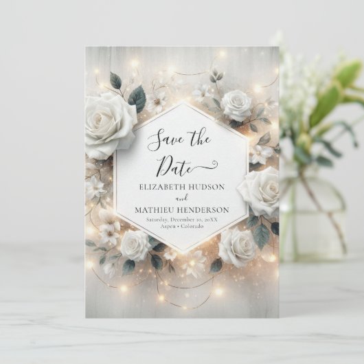 Chic Printable Witte Rozen Trouwen Save The Date (Staand voorkant)