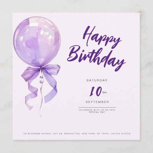 chic Purple balloons birthday invitation Kaart (Voorkant)