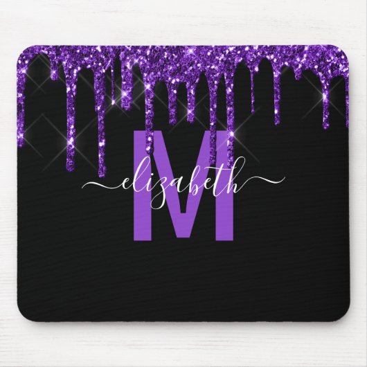 Chic Purple Dripping Glitter Monogram Name Muismat (Voorkant)