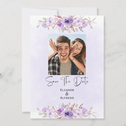 Chic Purple Floral Wedding Save the Date Kaart (Voorkant)