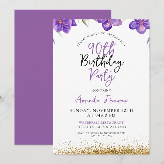 Chic Purple Flowers 90ste verjaardag Kaart (Voorkant / Achterkant)
