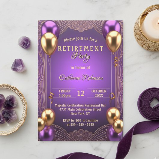 Chic Purple Gold Balloon Art Deco Retirement Party Kaart