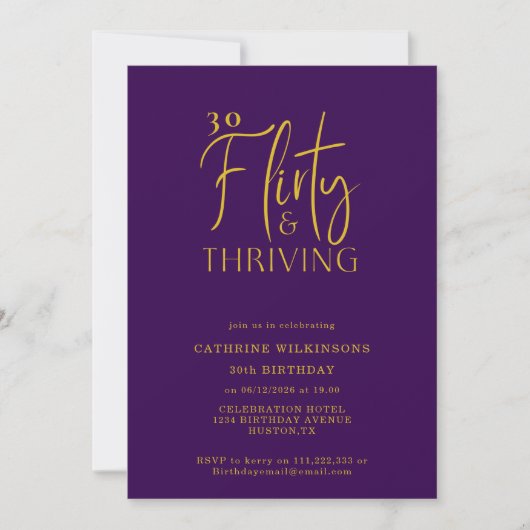 Chic Purple Gold Script 30th Birthday Party Invite Kaart (Voorkant)