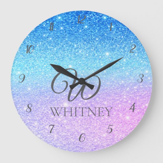 Chic Purple Ombre Blue Glitter Modern              Grote Klok (Voorkant)