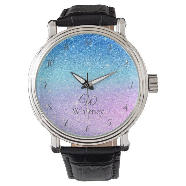 Chic Purple Ombre Blue Glitter Modern              Horloge (Voorkant)