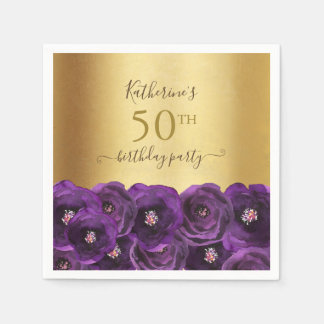 Chic Purple Rose Floral Gold 50th Birthday Party Servet