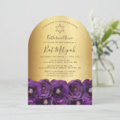 Chic Purple Rose Floral Gold Bat Mitzvah Kaart (Staand voorkant)