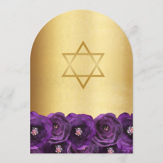 Chic Purple Rose Floral Gold Bat Mitzvah Kaart (Achterkant)