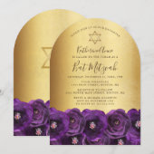 Chic Purple Rose Floral Gold Bat Mitzvah Kaart (Voorkant / Achterkant)