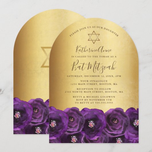 Chic Purple Rose Floral Gold Bat Mitzvah Kaart (Voorkant / Achterkant)