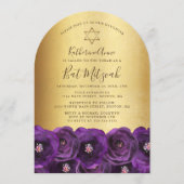 Chic Purple Rose Floral Gold Bat Mitzvah Kaart (Voorkant)