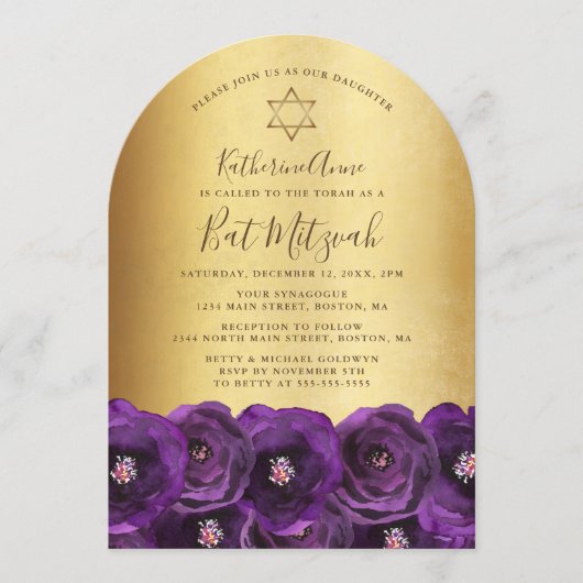 Chic Purple Rose Floral Gold Bat Mitzvah Kaart (Voorkant)