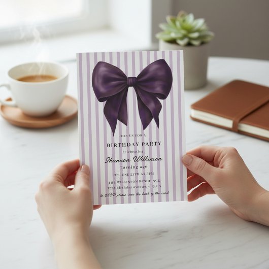 Chic Purple Stripes Birthday QR Invite Kaart