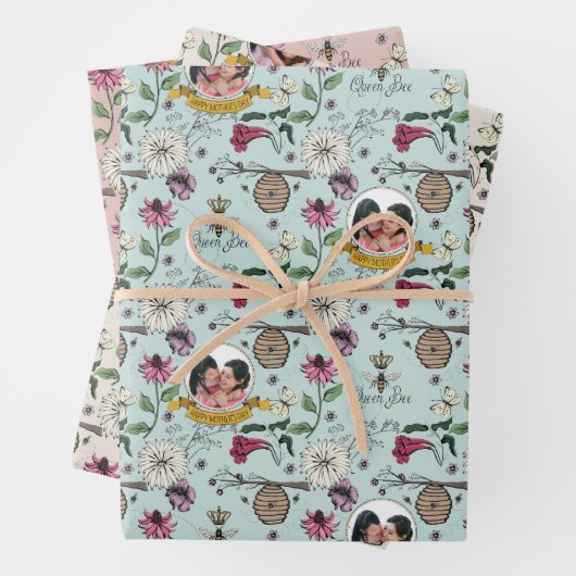 Chic Queen Bee & Bloemen Patroon Inpakpapier Vel (In situ)