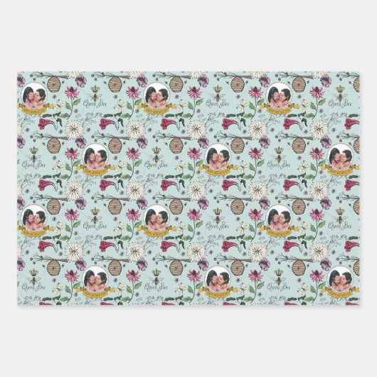 Chic Queen Bee & Bloemen Patroon Inpakpapier Vel (Voorkant)