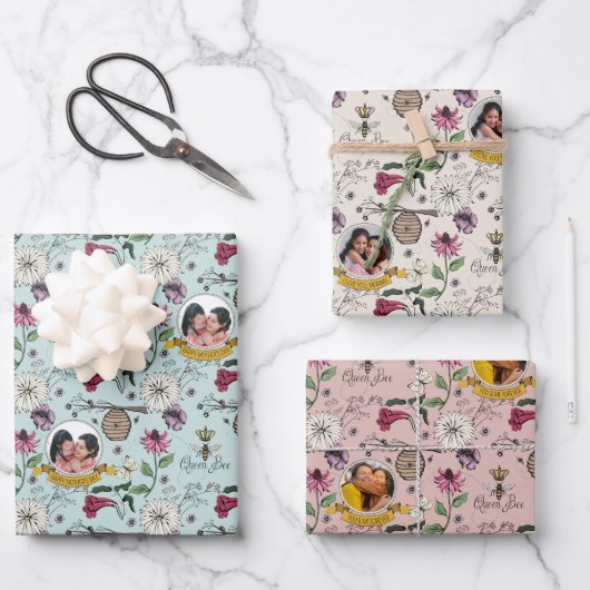 Chic Queen Bee & Bloemen Patroon Inpakpapier Vel (Voorkant)