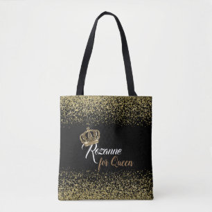 Chic Queen Name Crown Gold Glitter Tote Bag