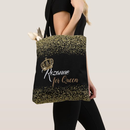 Chic Queen Name Crown Gold Glitter Tote Bag (Dichtbij)