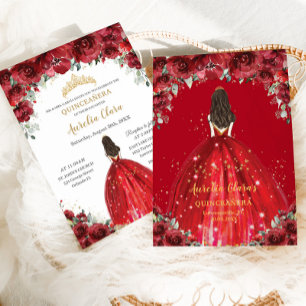 Chic Quinceañera 15th Red Floral Rozen Princess Kaart