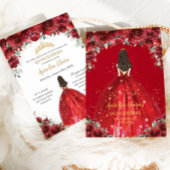 Chic Quinceañera 15th Red Floral Rozen Princess Kaart