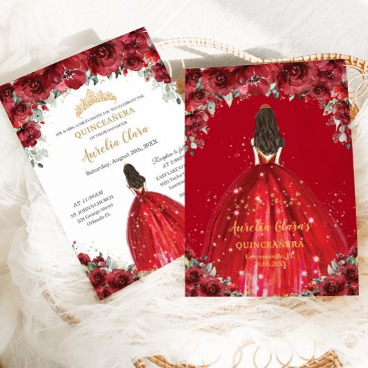 Chic Quinceañera 15th Red Floral Rozen Princess Kaart