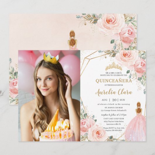 Chic Quinceañera Blush Pink Floral 15 Anos foto Kaart (Voorkant / Achterkant)