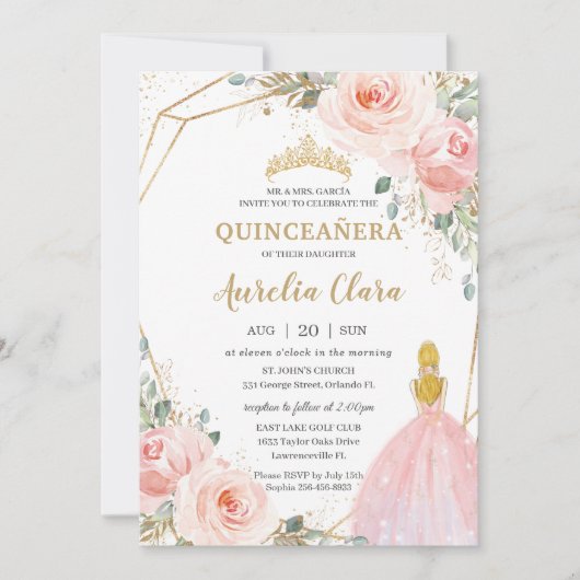 Chic Quinceañera Blush Pink Floral Blonde Birthday Kaart (Voorkant)