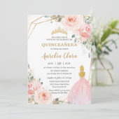 Chic Quinceañera Blush Pink Floral Blonde Birthday Kaart (Staand voorkant)