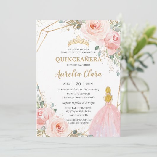 Chic Quinceañera Blush Pink Floral Blonde Birthday Kaart (Staand voorkant)