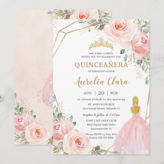 Chic Quinceañera Blush Pink Floral Blonde Birthday Kaart (Voorkant / Achterkant)