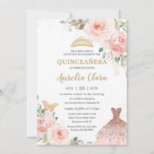 Chic Quinceañera Blush Pink Floral Dress Birthday Kaart
