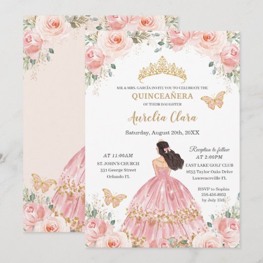 Chic Quinceañera Blush Pink Floral Gold Princess Kaart (Voorkant / Achterkant)