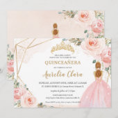 Chic Quinceañera Blush Pink Floral Tiara Birthday Kaart (Voorkant / Achterkant)