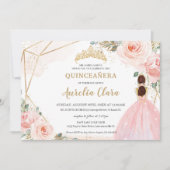 Chic Quinceañera Blush Pink Floral Tiara Birthday Kaart (Voorkant)