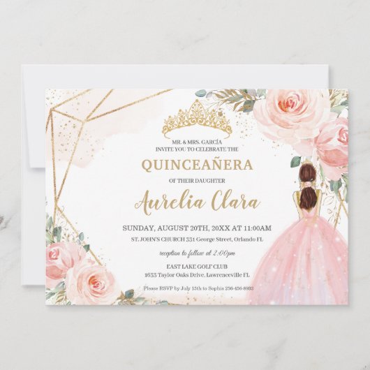 Chic Quinceañera Blush Pink Floral Tiara Birthday Kaart (Voorkant)