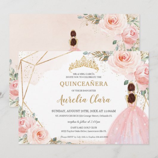 Chic Quinceañera Blush Pink Floral Tiara Birthday Kaart (Voorkant / Achterkant)