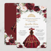 Chic Quinceañera Burgundy Blush Floral Charro Gold Kaart (Voorkant / Achterkant)