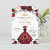 Chic Quinceañera Burgundy Blush Floral Charro Gold Kaart (Staand voorkant)