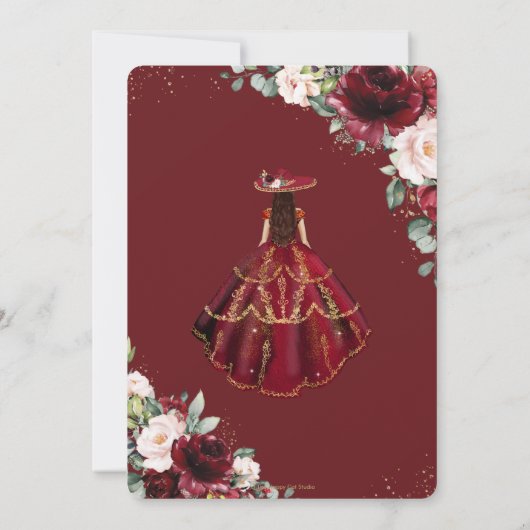 Chic Quinceañera Burgundy Blush Floral Charro Gold Kaart (Achterkant)